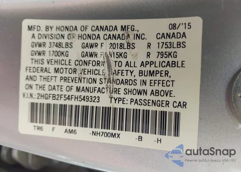 2015 Honda Civic Lx z USA, uszkodzony, nr VIN 2HGFB2F54FH549323